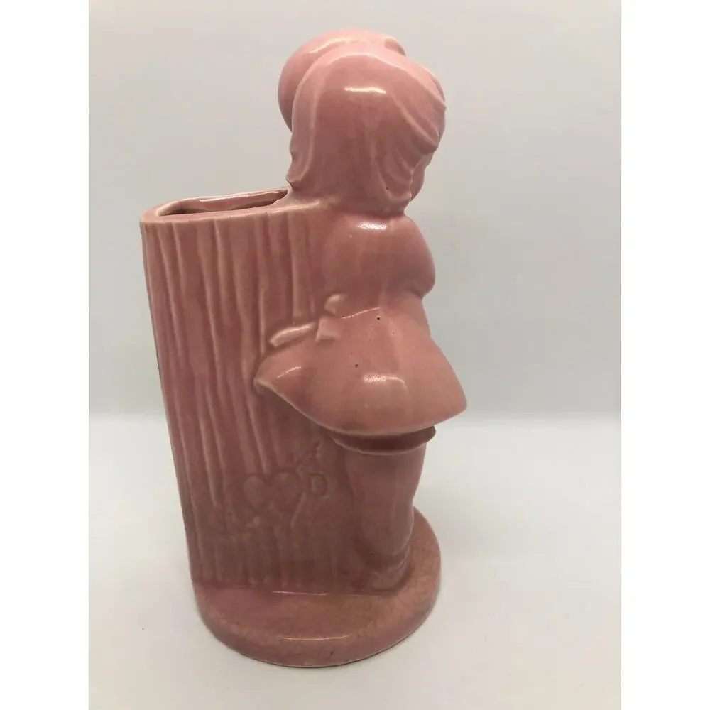 Vintage Retro MCM Pink Tree Stump Heart Hugging Boy Girl Shawnee Pottery Vase